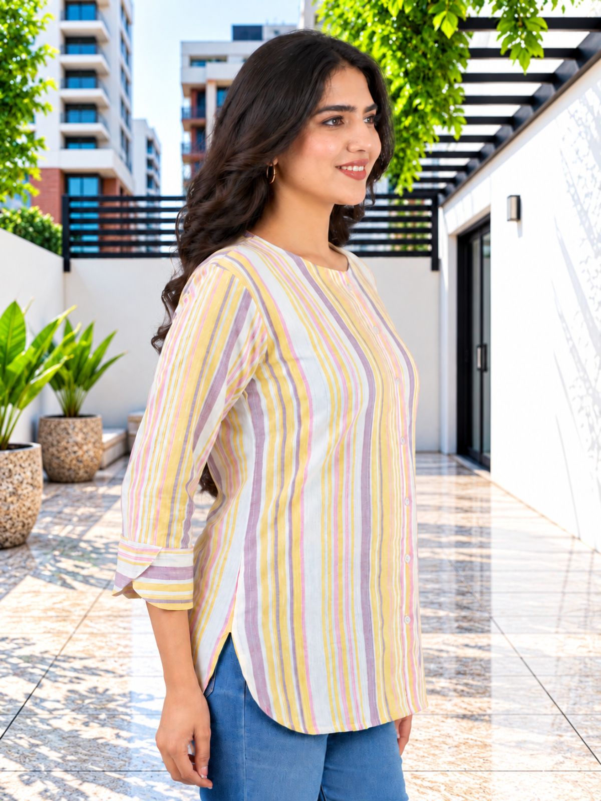 Yellow Rainbow Stripe Cotton Shirts