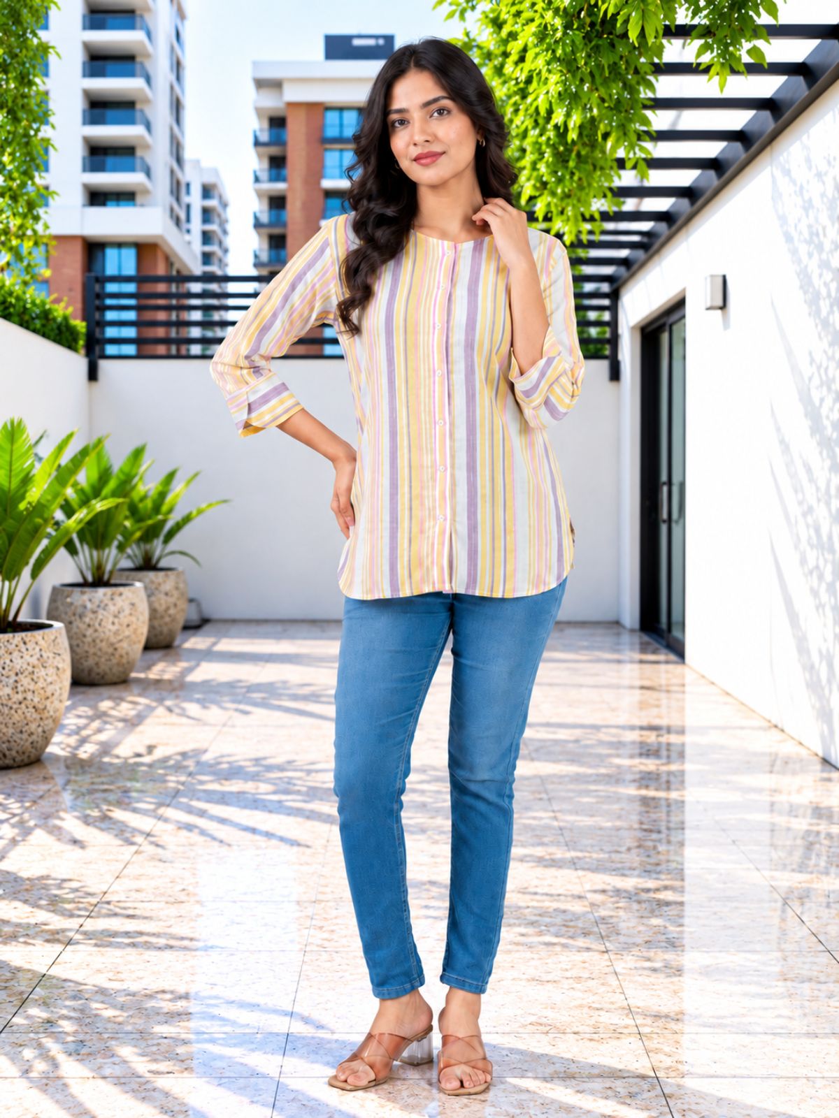 Yellow Rainbow Stripe Cotton Shirts