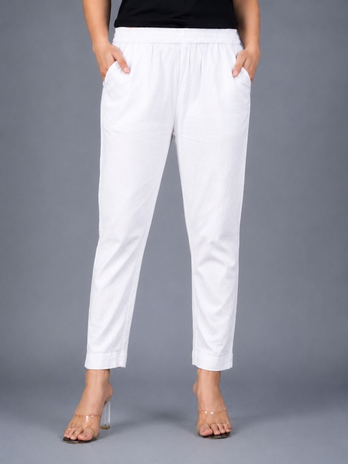Beige & White Regular Fit Elastic Cotton Trouser Combo