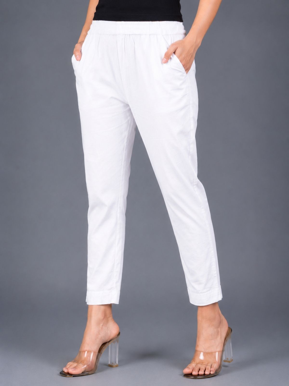 Mehendi & White Regular Fit Elastic Cotton Trouser Combo