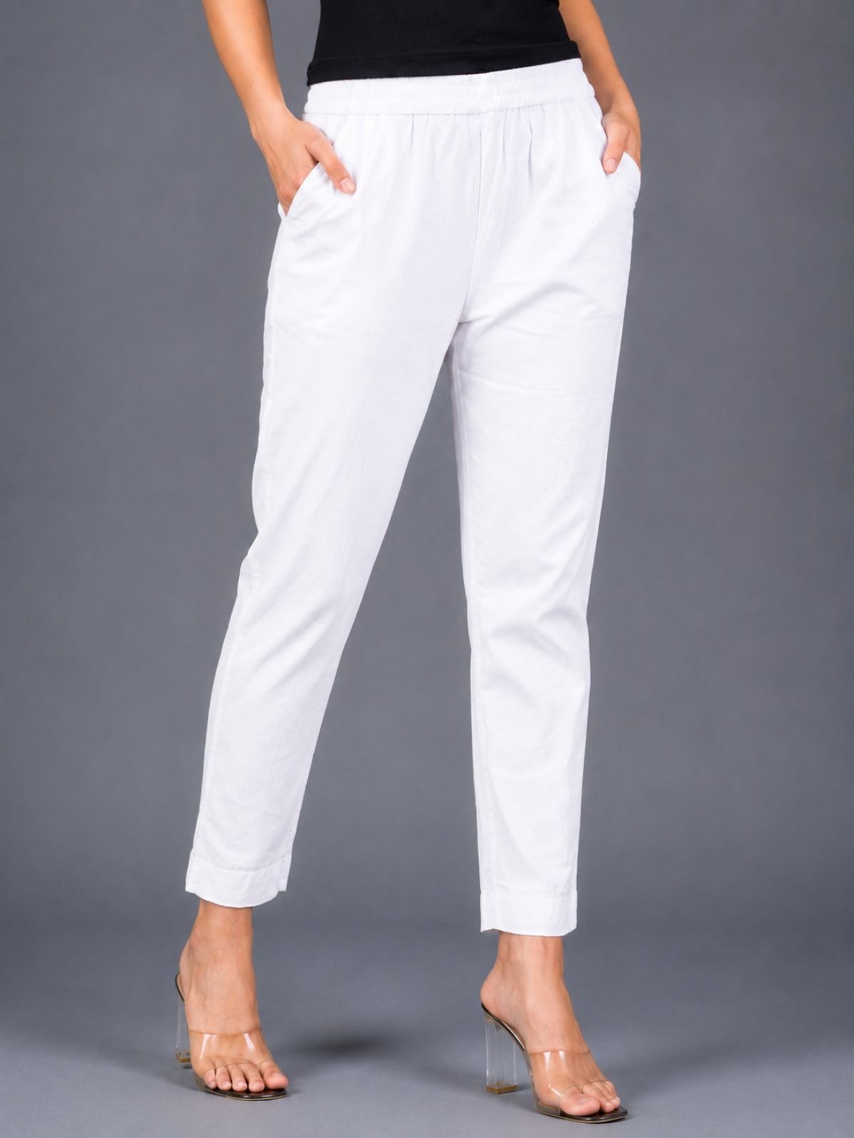 Beige & White Regular Fit Elastic Cotton Trouser Combo