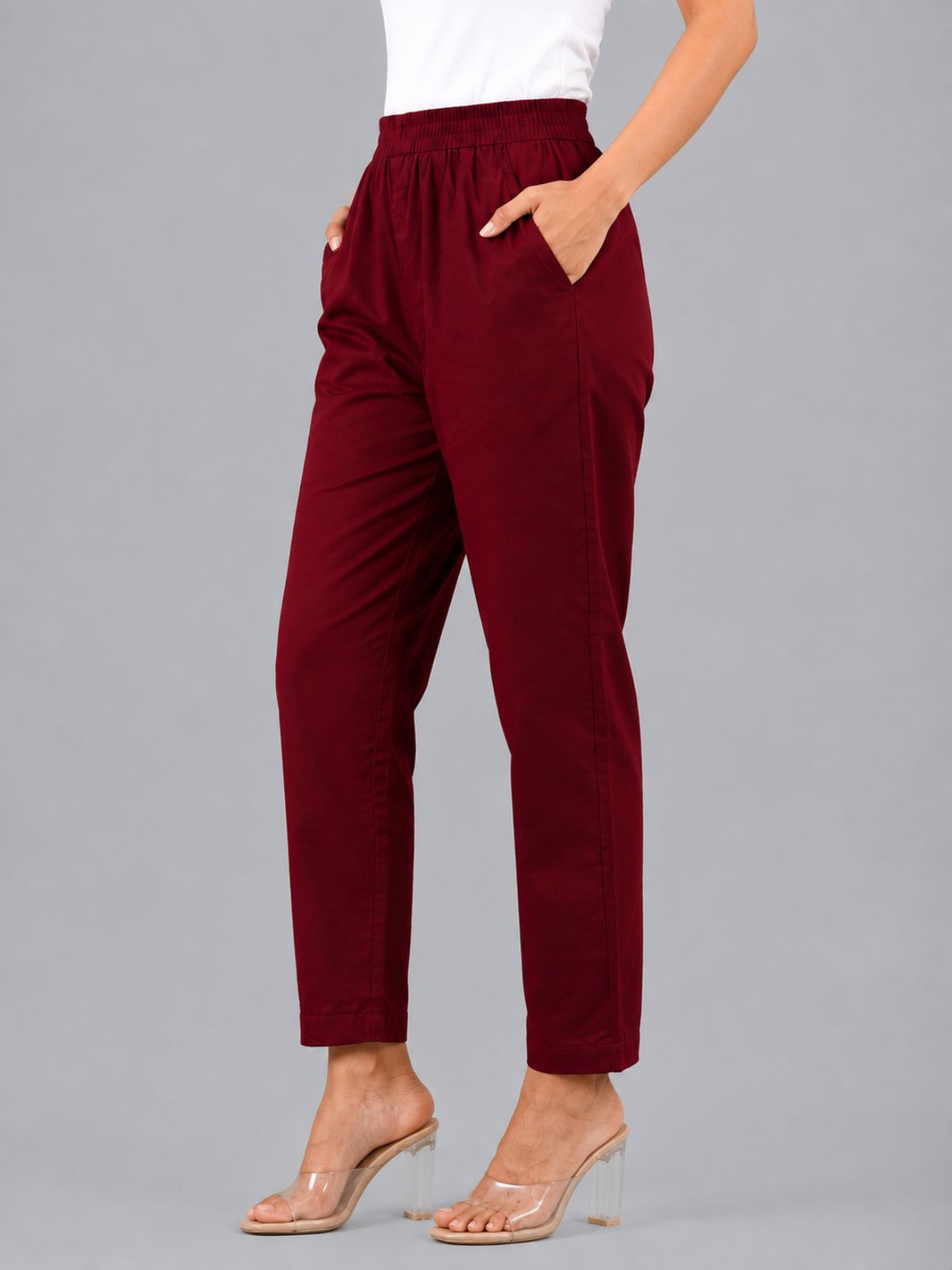 Mauvepink & Wine Regular Fit Elastic Cotton Trouser Combo