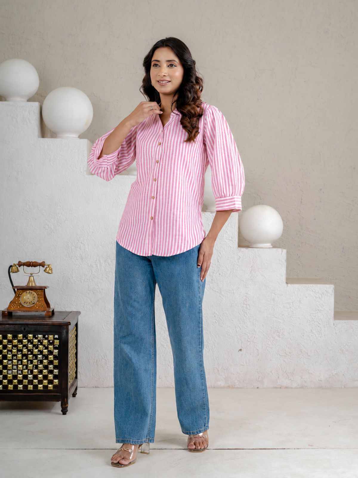 Elegant Pink Small Stripe Shoulder-Pleat Shirt