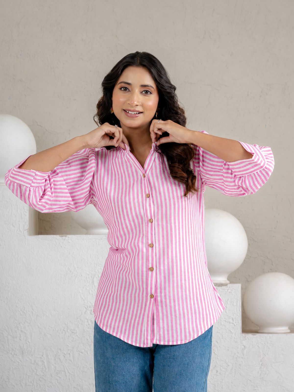 Elegant Pink Small Stripe Shoulder-Pleat Shirt