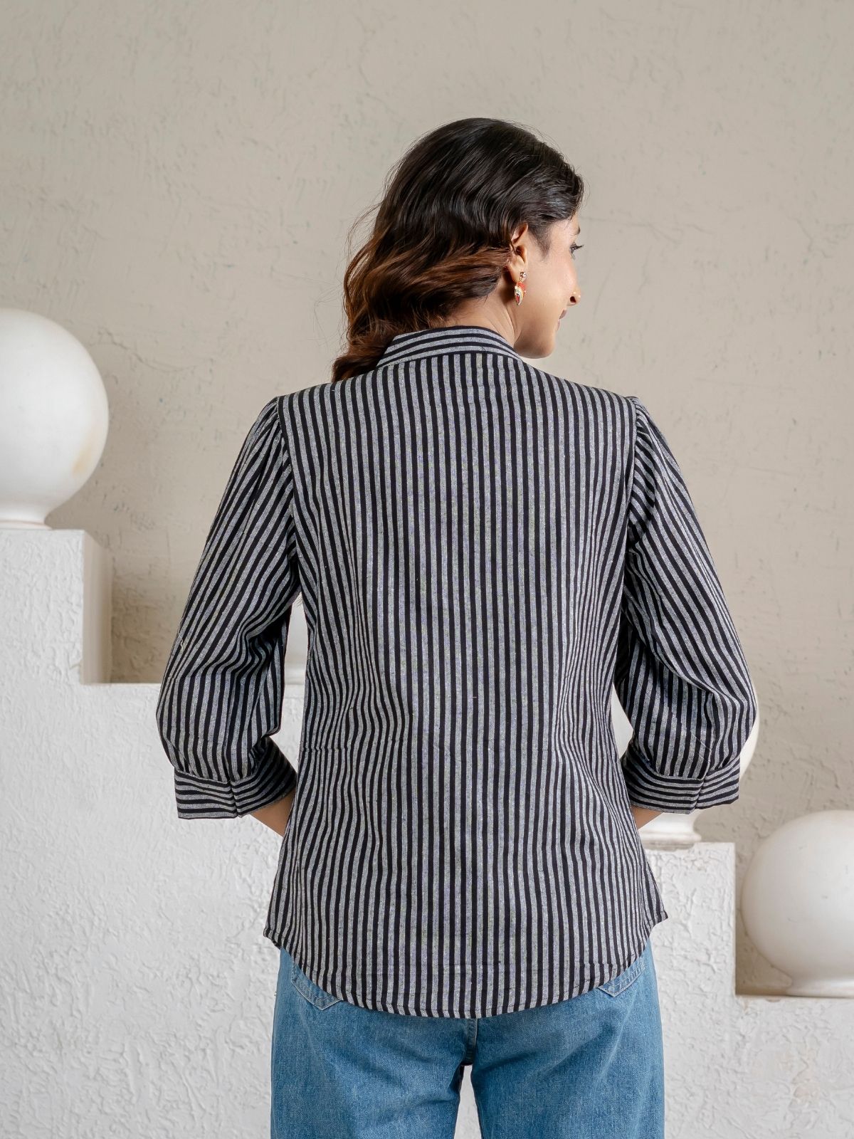Elegant Black Small Stripe Shoulder-Pleat Shirt