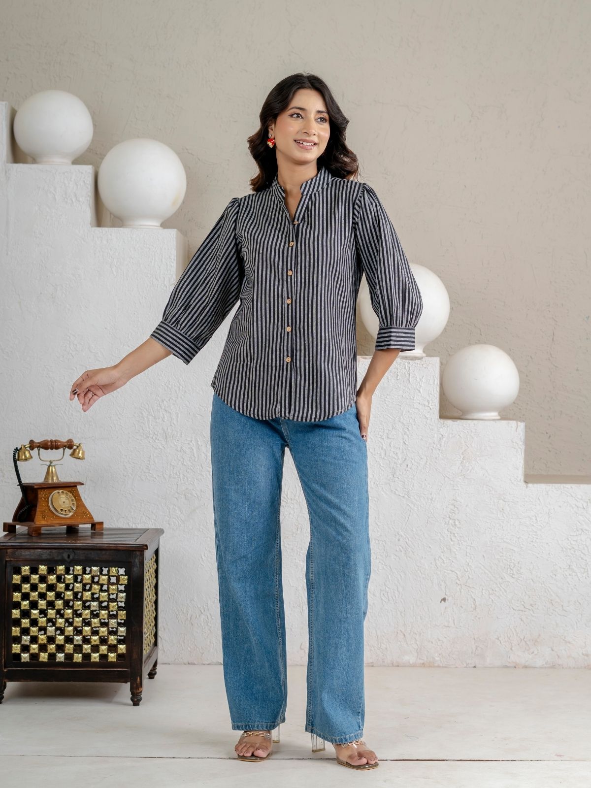 Elegant Black Small Stripe Shoulder-Pleat Shirt