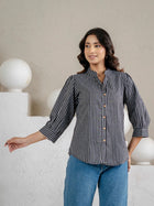 Elegant Black Small Stripe Shoulder-Pleat Shirt