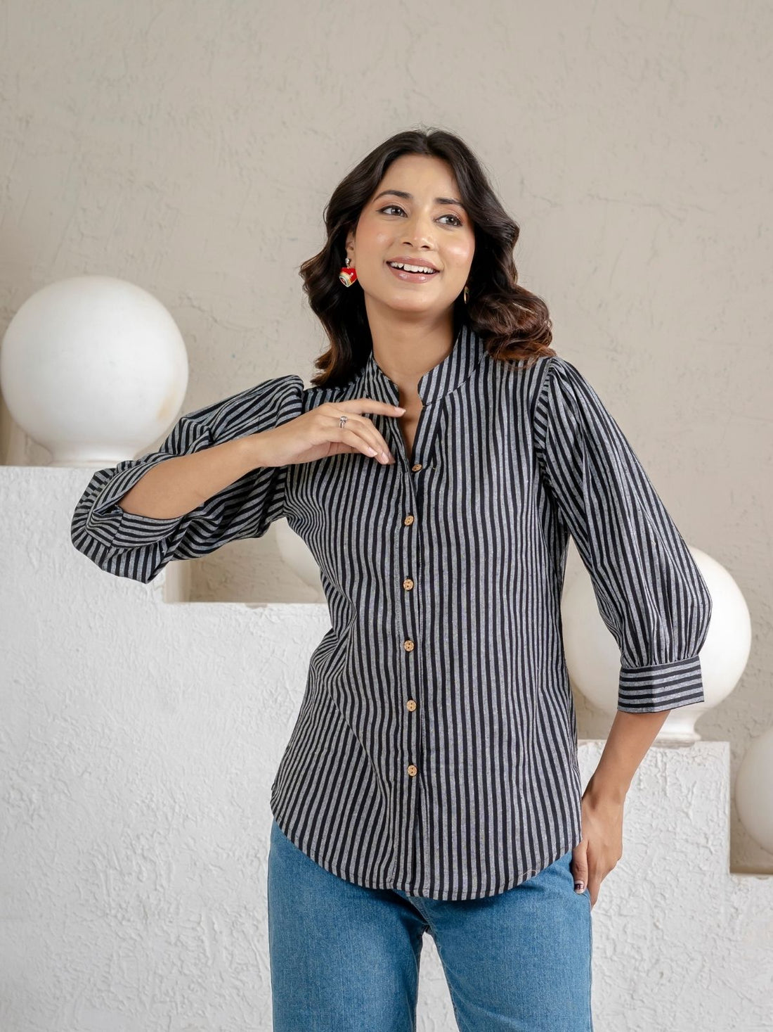Black & Brown Elegant Small Stripe Shoulder-Pleat Shirts Combo