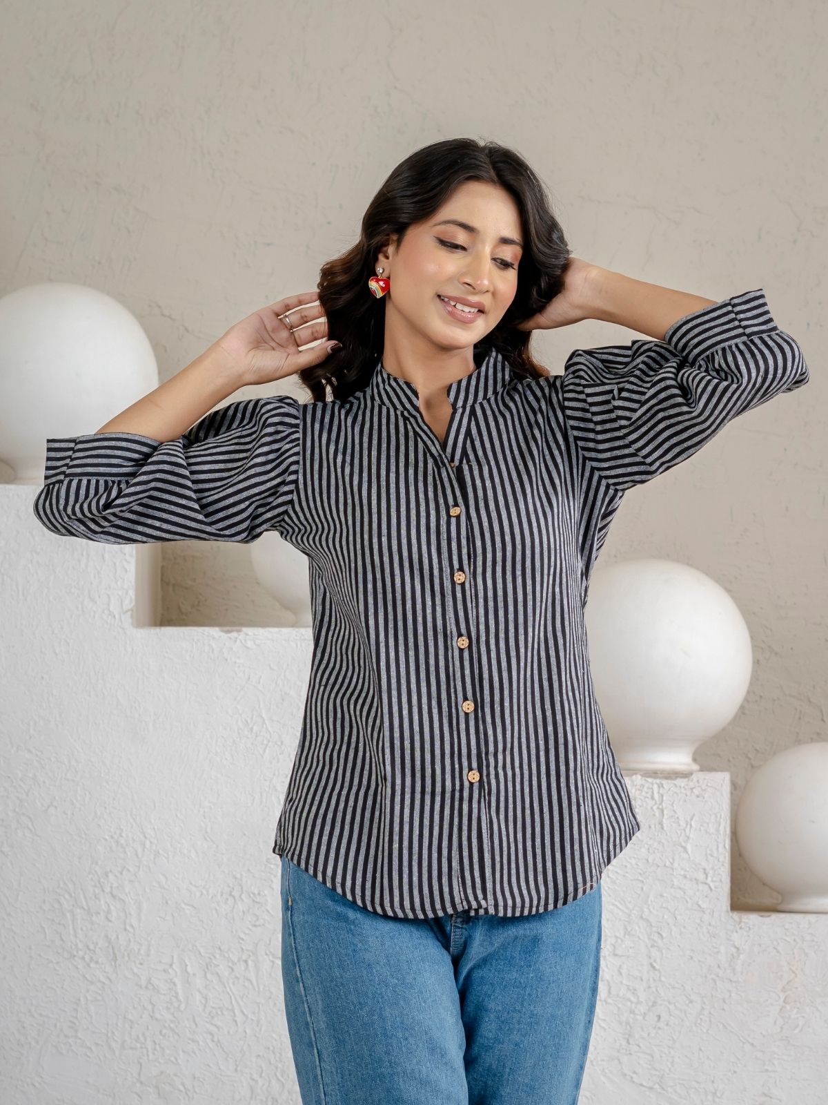Elegant Black Small Stripe Shoulder-Pleat Shirt