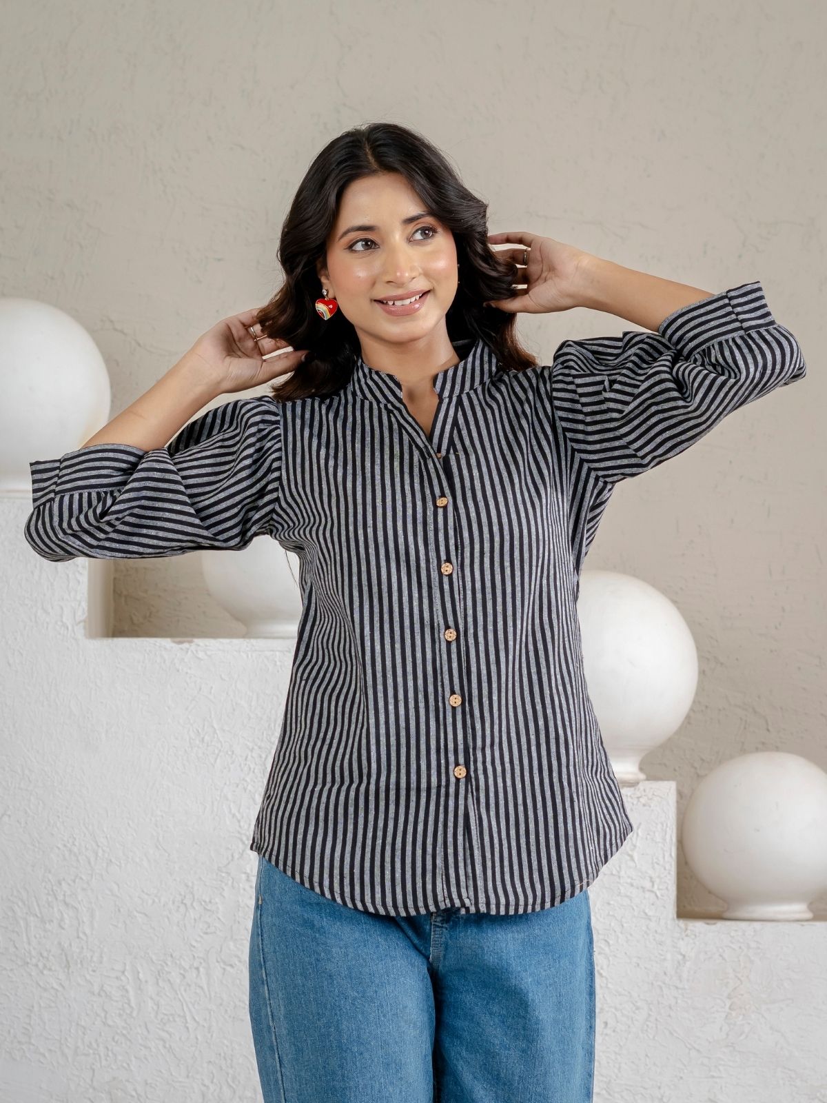 Elegant Black Small Stripe Shoulder-Pleat Shirt