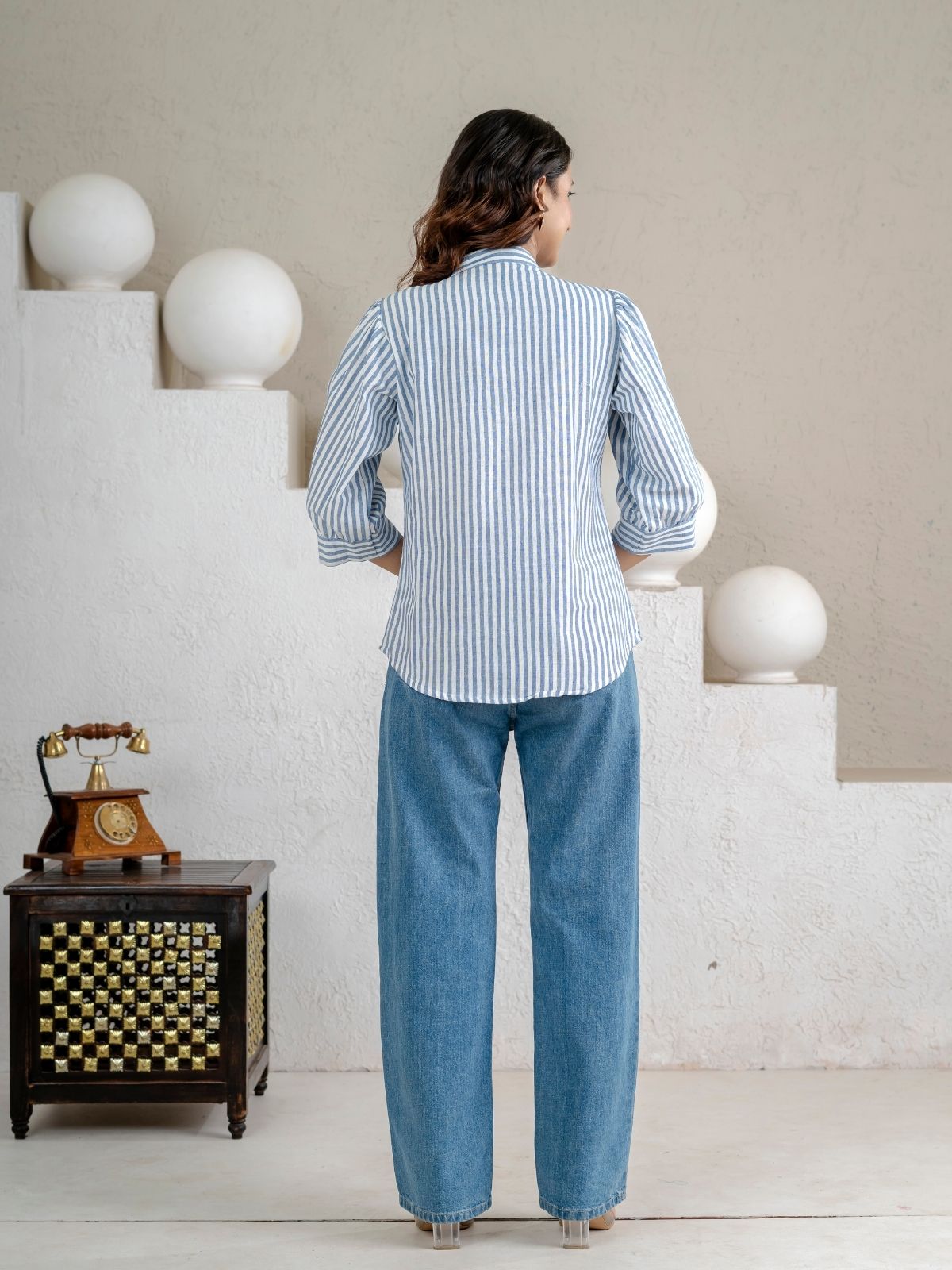 Elegant Blue Small Stripe Shoulder-Pleat Shirt