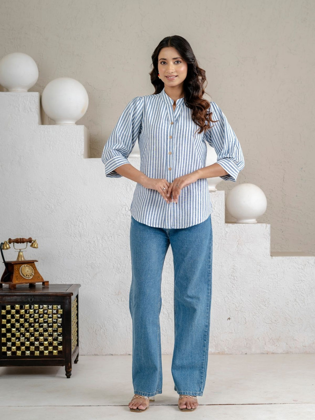 Elegant Blue Small Stripe Shoulder-Pleat Shirt