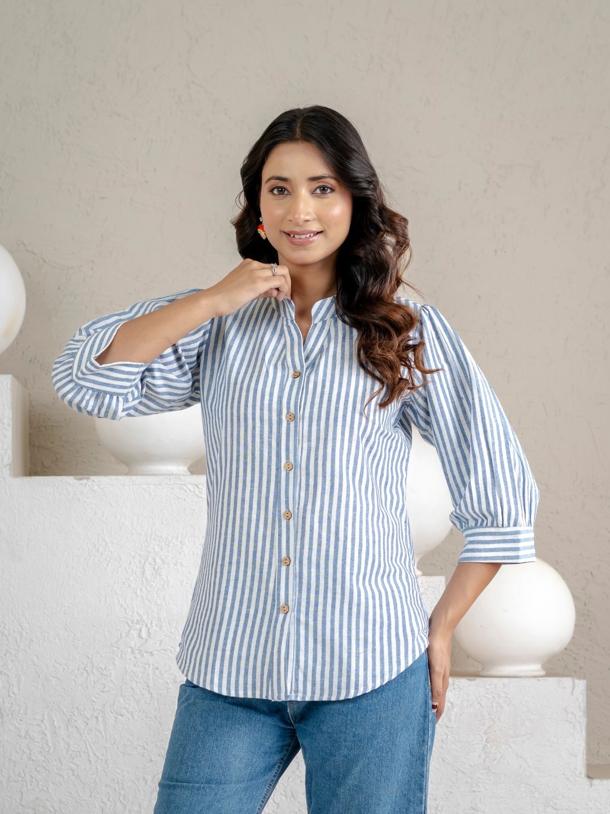 Blue & Pink Elegant Small Stripe Shoulder-Pleat Shirts Combo