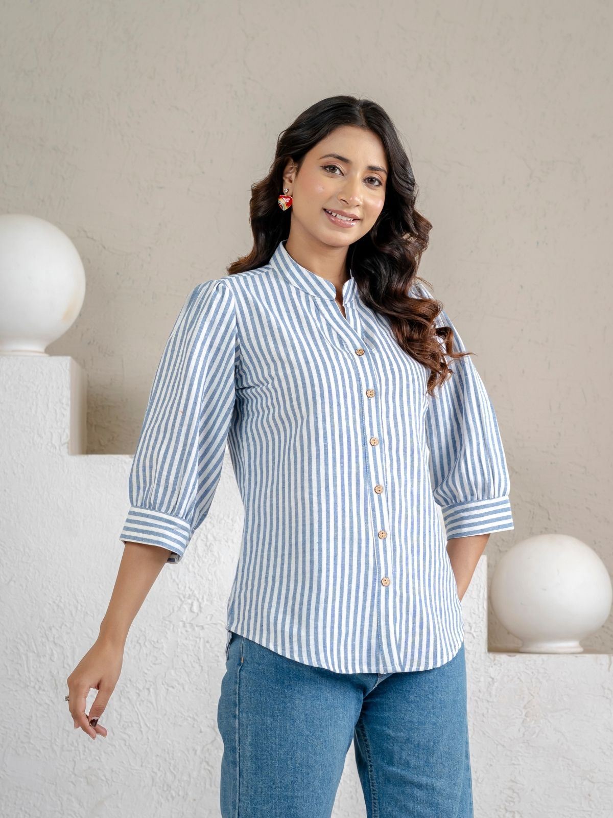 Elegant Blue Small Stripe Shoulder-Pleat Shirt
