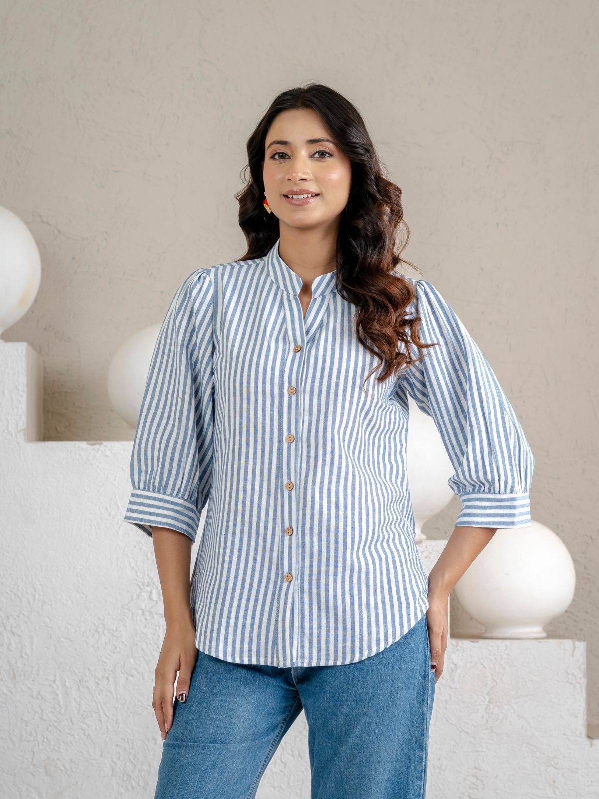 Elegant Blue Small Stripe Shoulder-Pleat Shirt