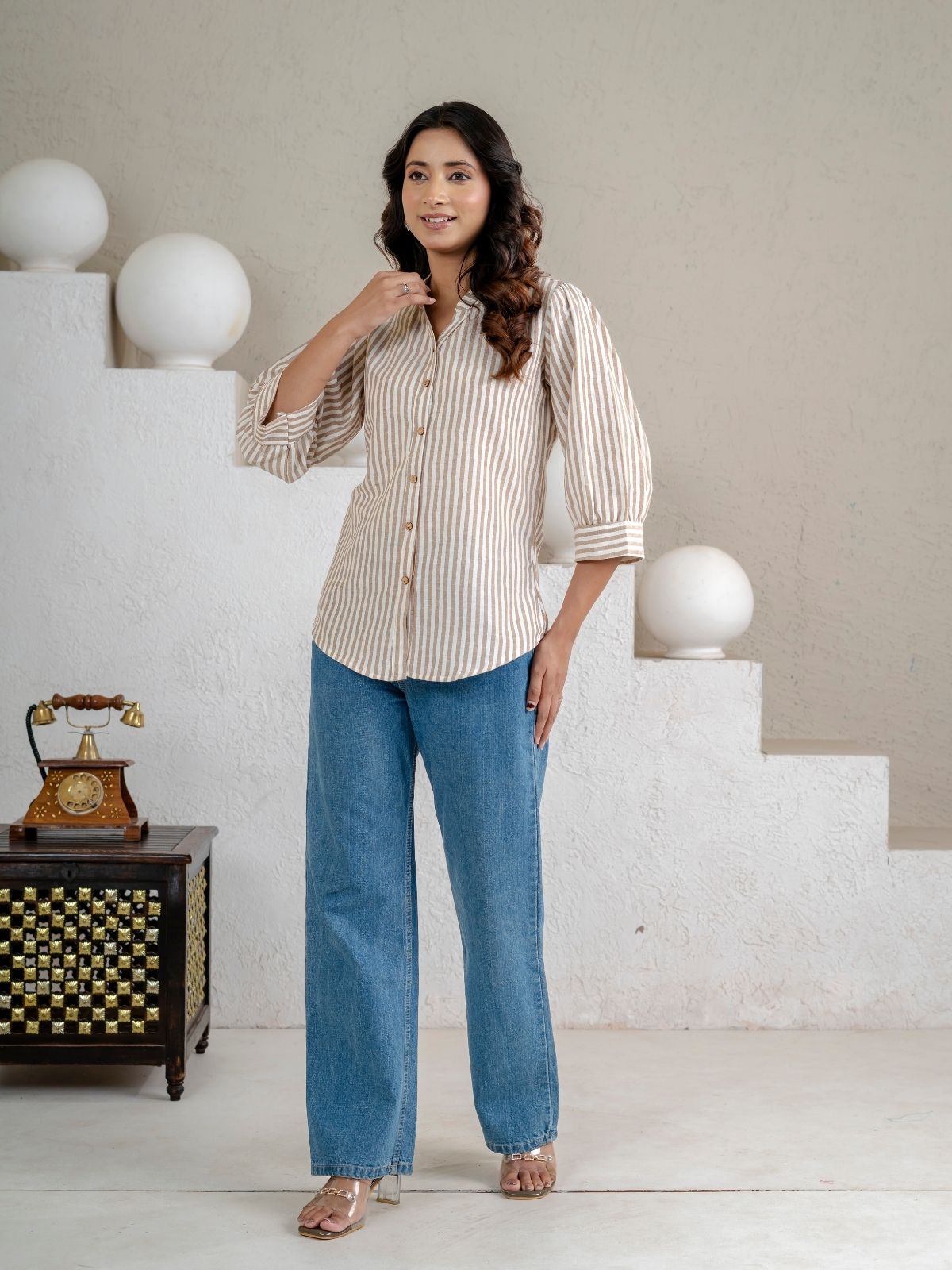 Elegant Brown Small Stripe Shoulder-Pleat Shirt