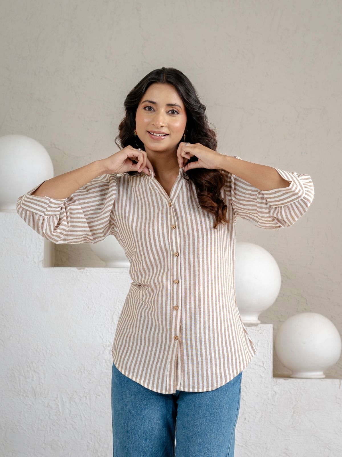 Elegant Brown Small Stripe Shoulder-Pleat Shirt