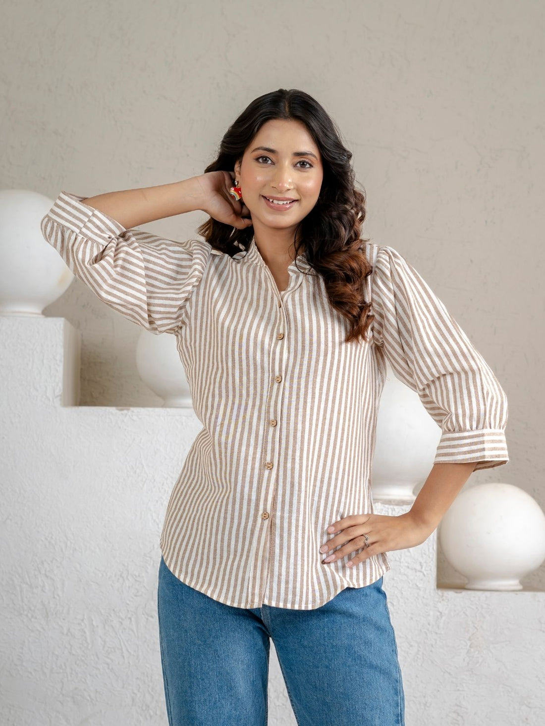Brown & Pink Elegant Small Stripe Shoulder-Pleat Shirts Combo