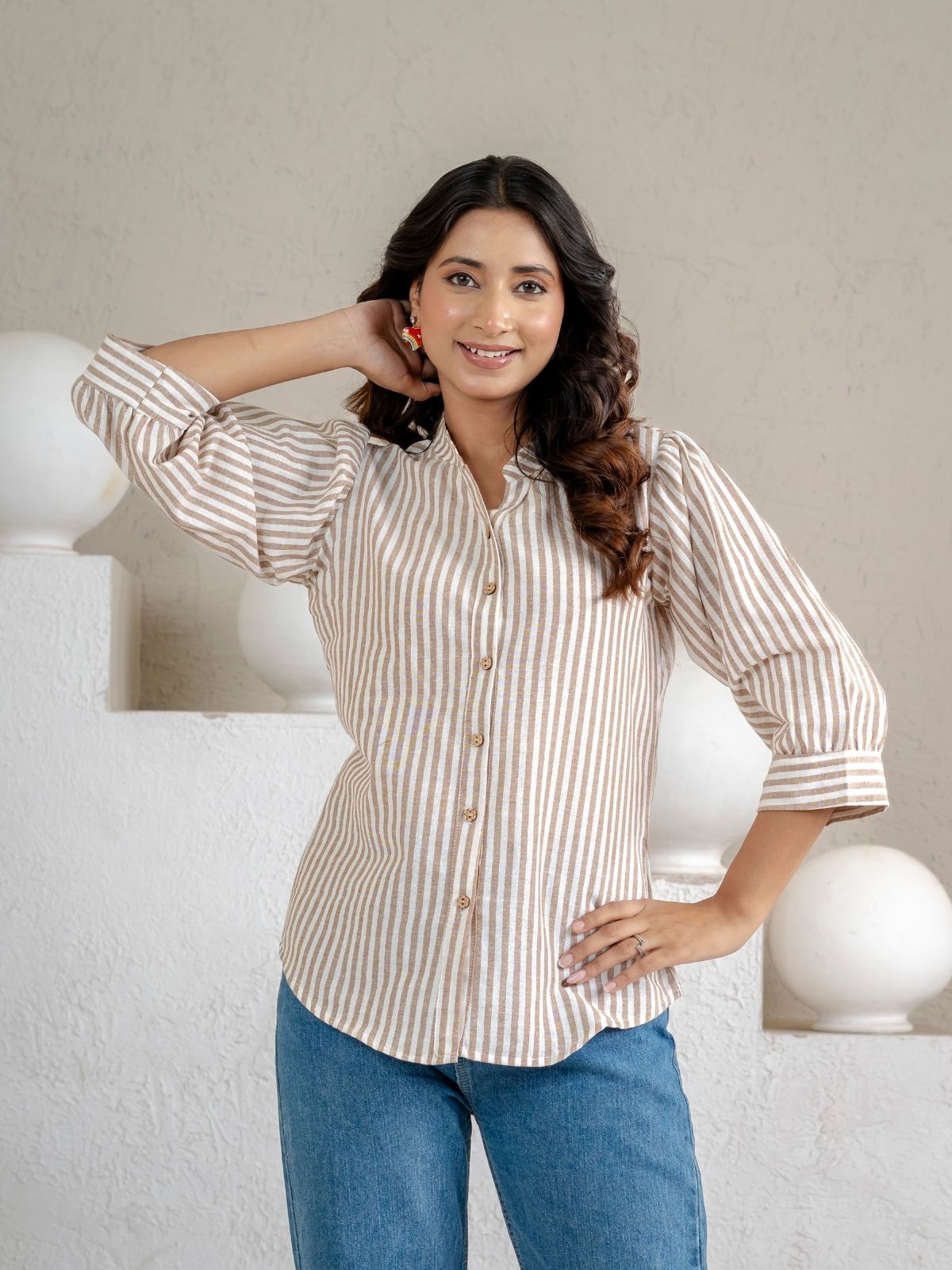 Brown & Pink Elegant Small Stripe Shoulder-Pleat Shirts Combo