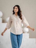 Elegant Brown Small Stripe Shoulder-Pleat Shirt