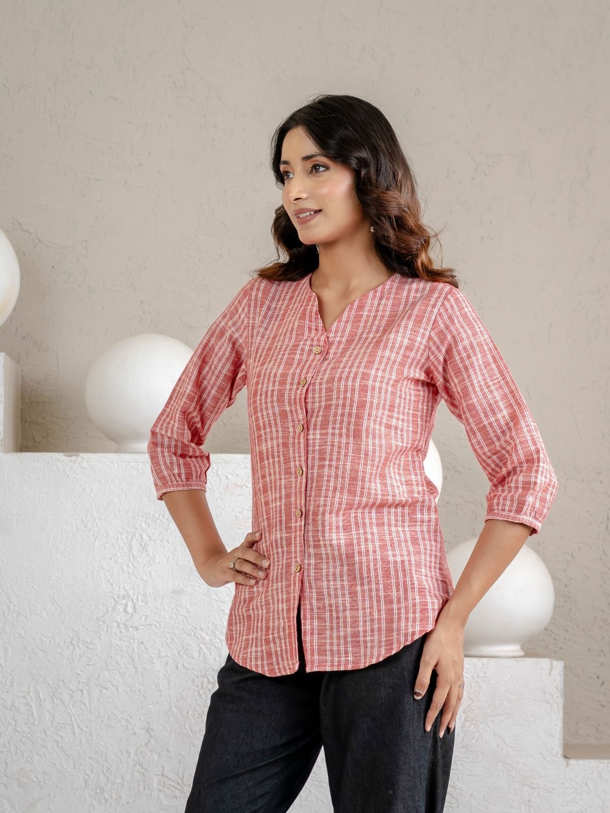 Dark Red & Light Brown Striped Shirts Combo