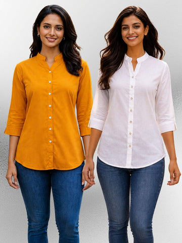 Yellow & White Viscose Regular Fit Shirts Combo