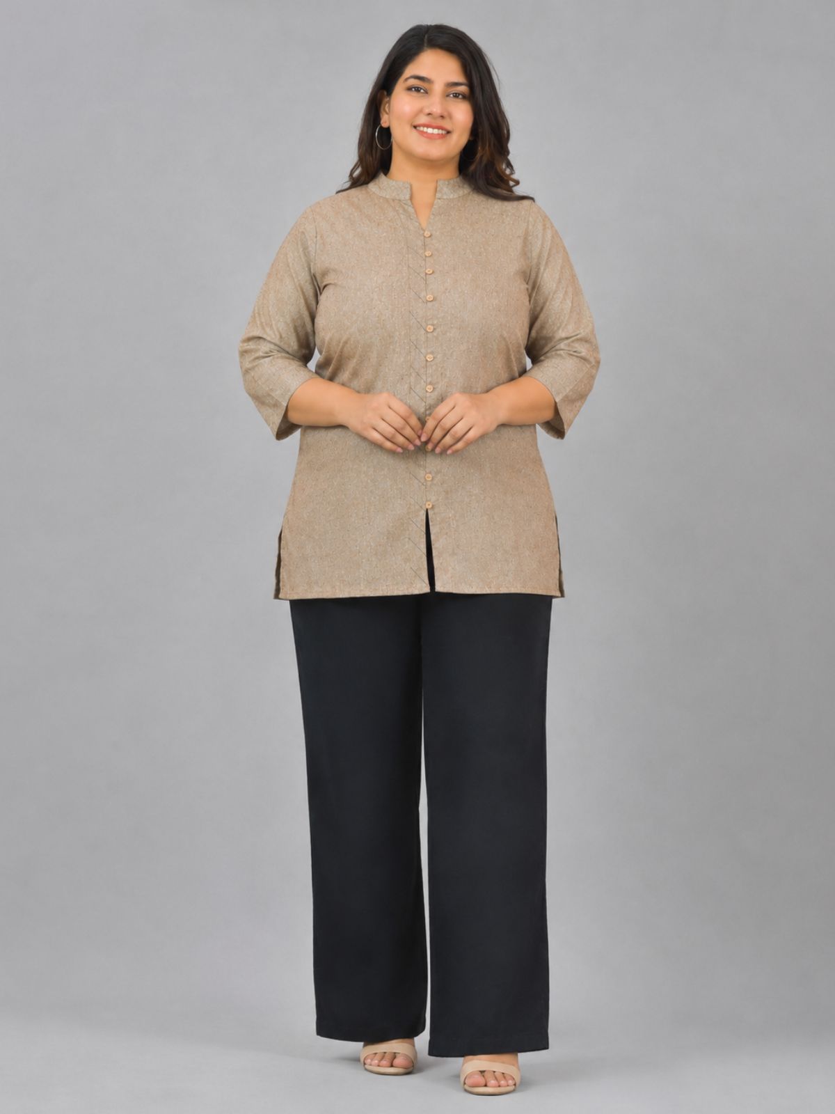 Brown Handloom Cotton Front-Slit Short Kurti