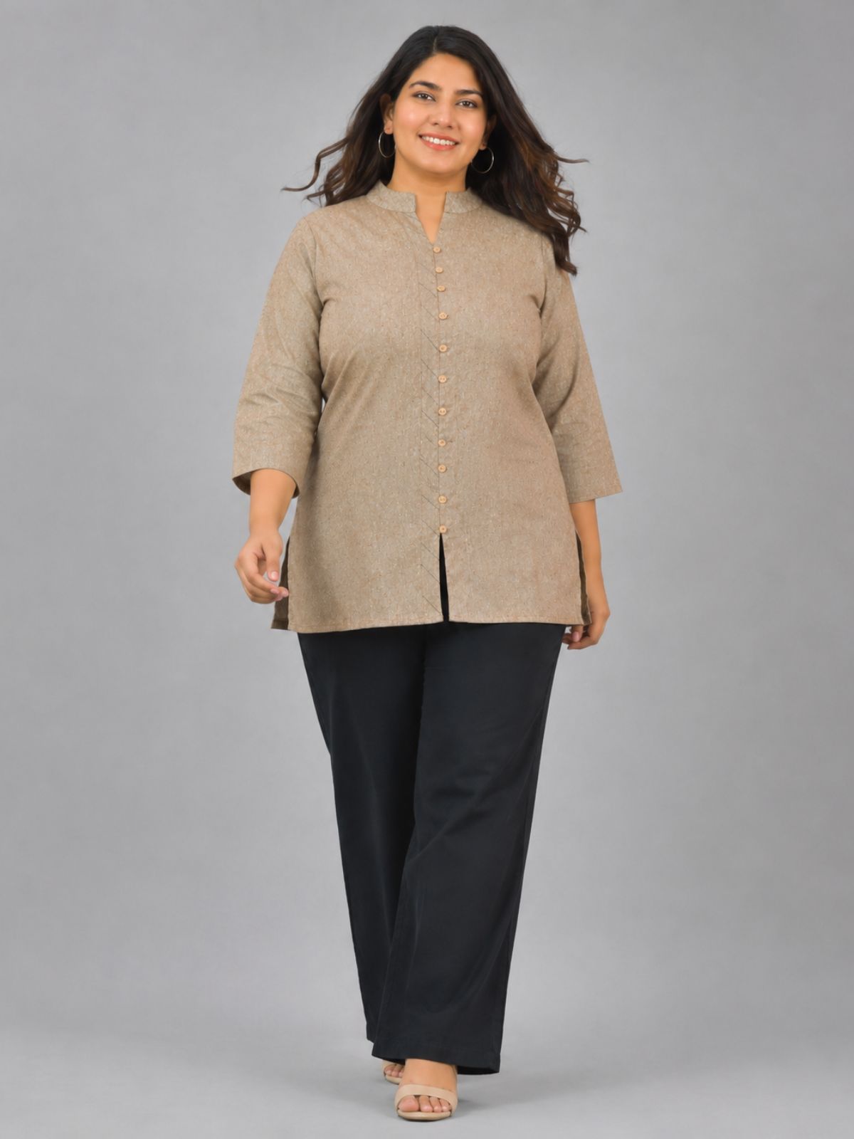 Brown Handloom Cotton Front-Slit Short Kurti