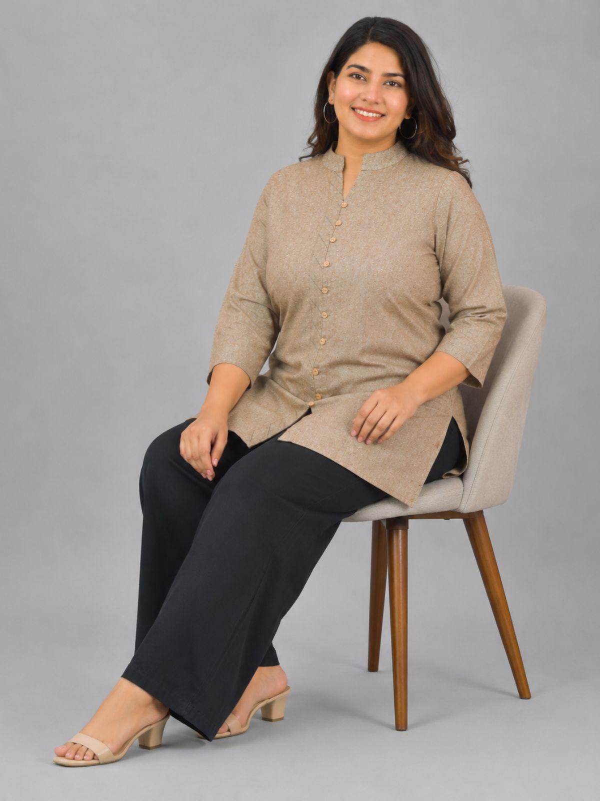 Brown Handloom Cotton Front-Slit Short Kurti