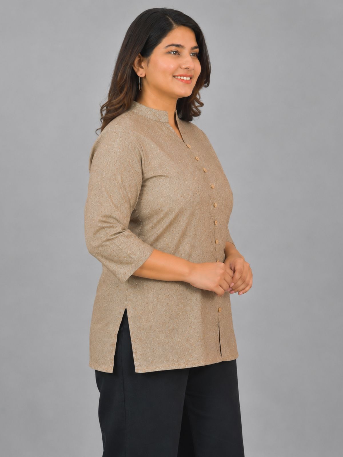 Brown Handloom Cotton Front-Slit Short Kurti