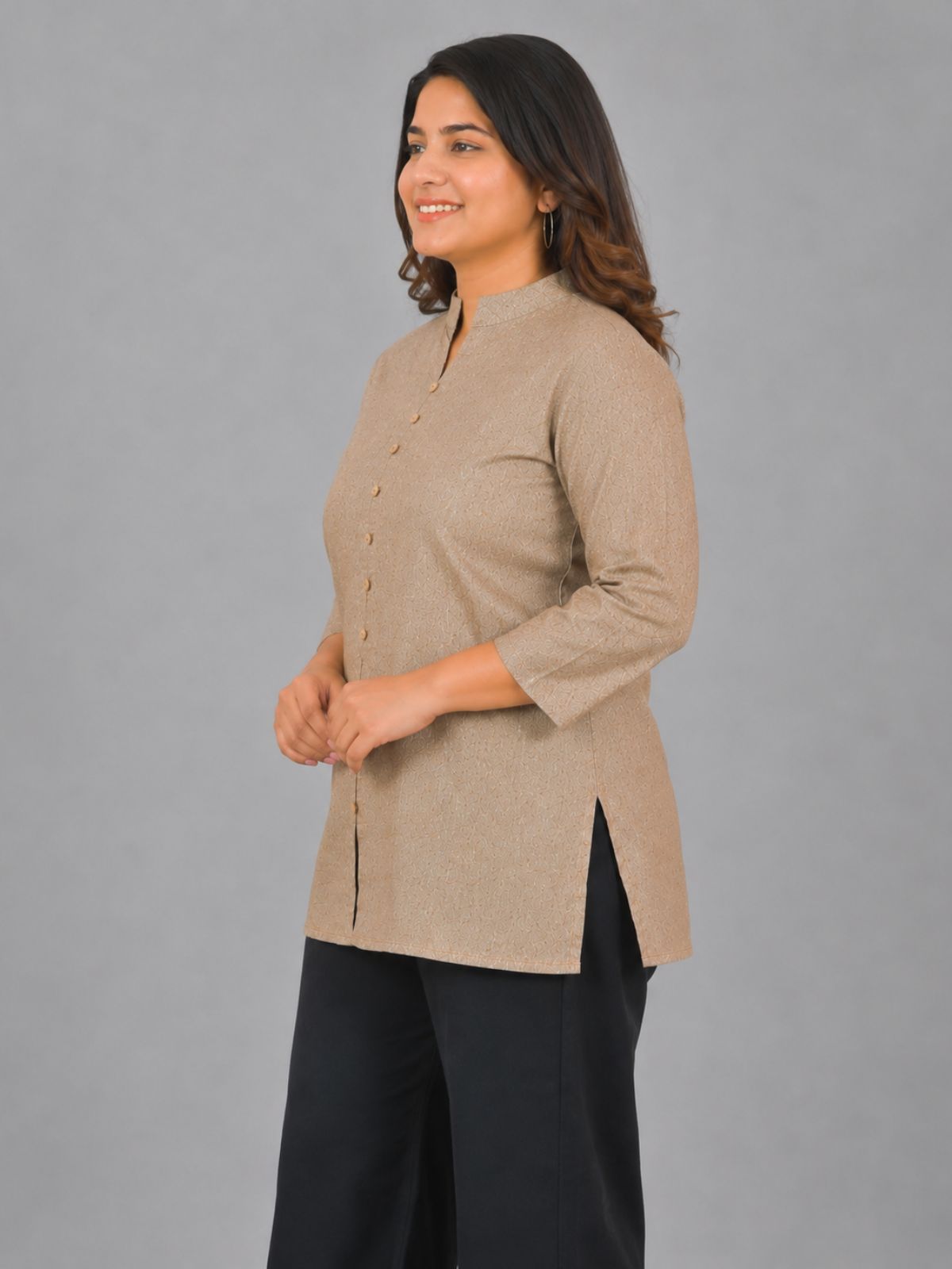 Brown Handloom Cotton Front-Slit Short Kurti