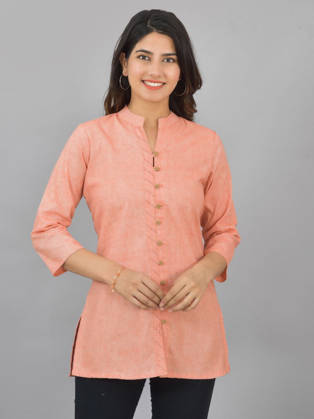 Orange Handloom Cotton Front-Slit Short Kurti