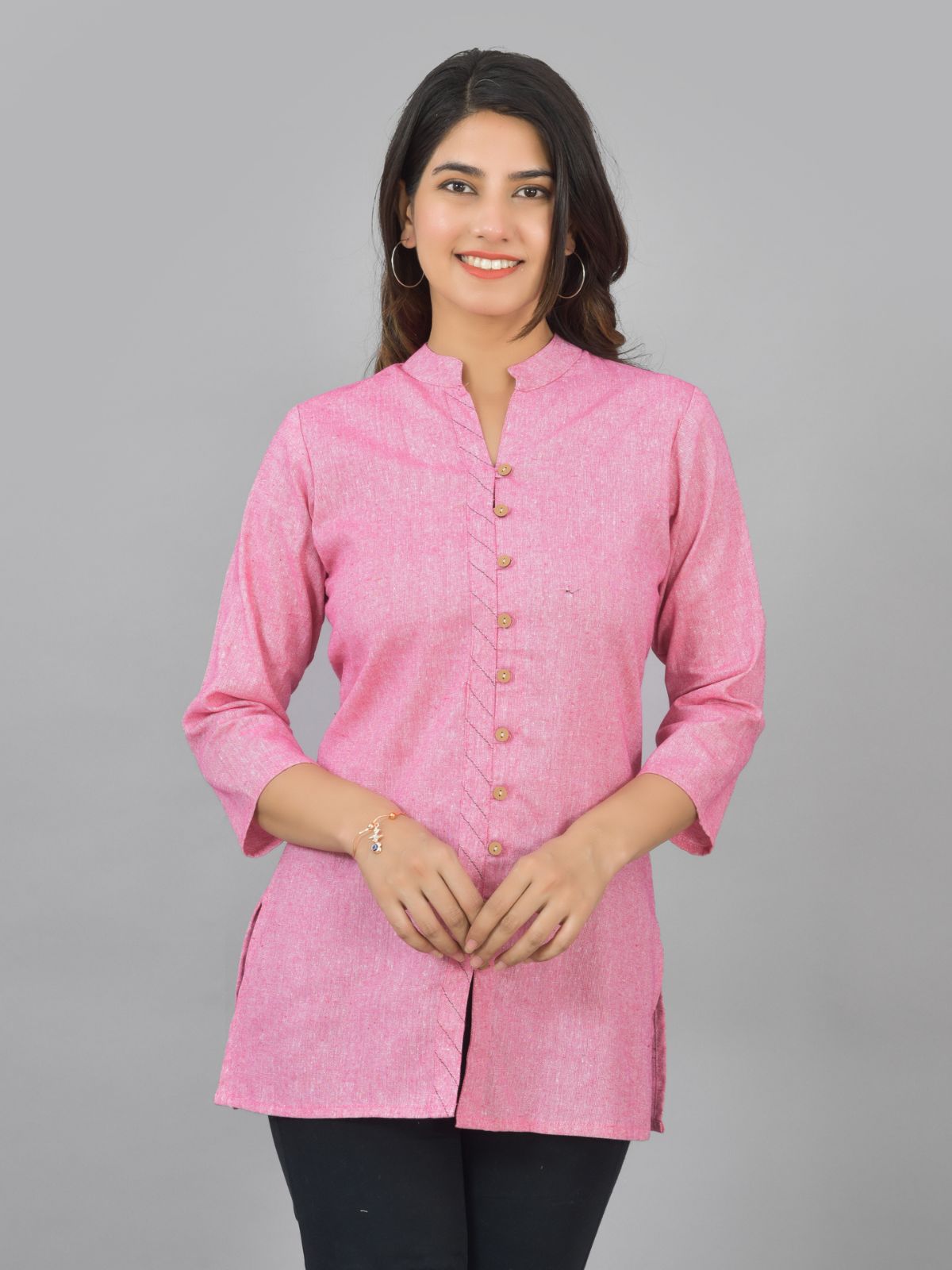 Pink Handloom Cotton Front-Slit Short Kurti