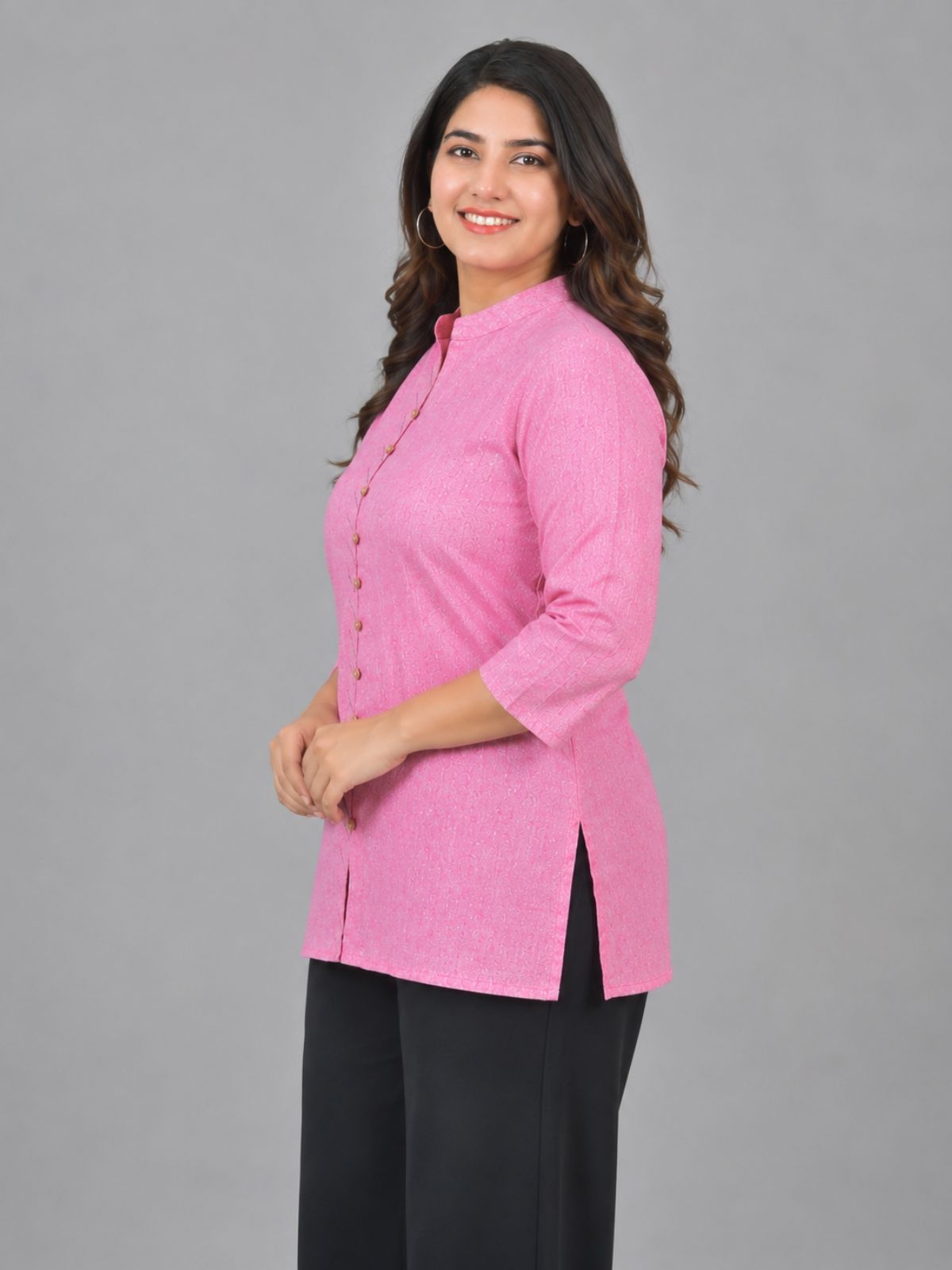 Pink Handloom Cotton Front-Slit Short Kurti