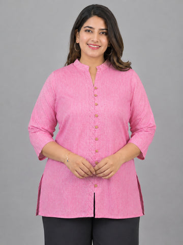Pink Handloom Cotton Front-Slit Short Kurti