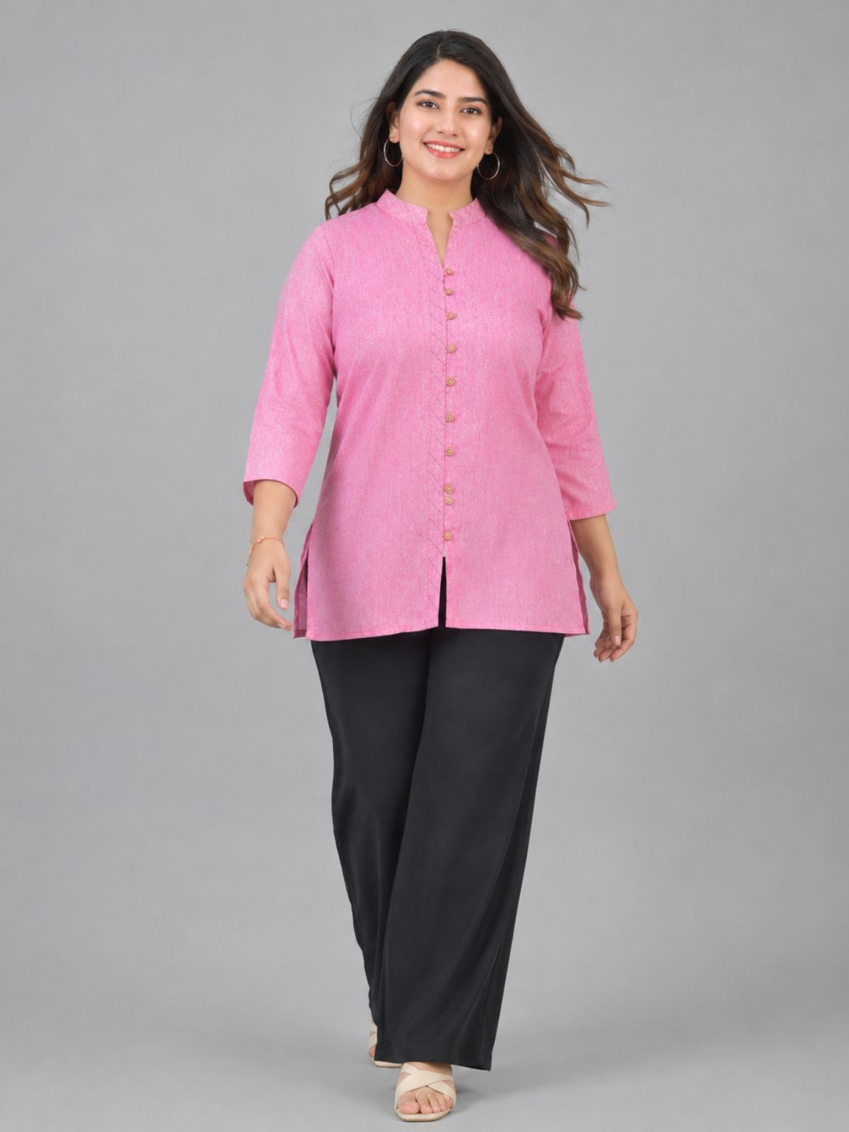 Pink Handloom Cotton Front-Slit Short Kurti