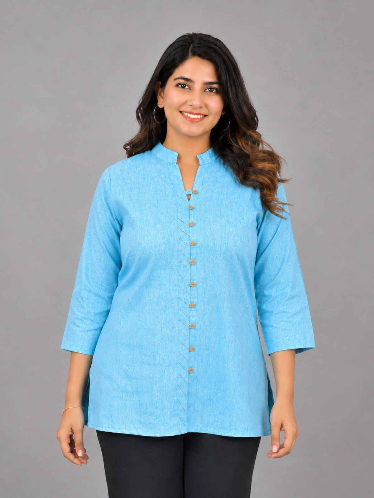 SkyBlue Handloom Cotton Front-Slit Short Kurti