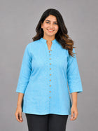SkyBlue Handloom Cotton Front-Slit Short Kurti