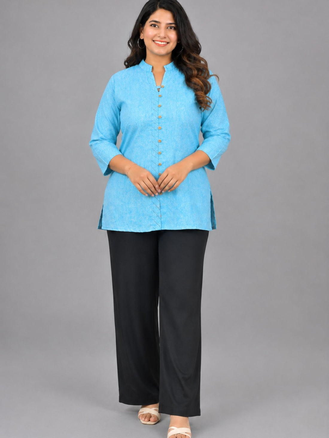 SkyBlue Handloom Cotton Front-Slit Short Kurti