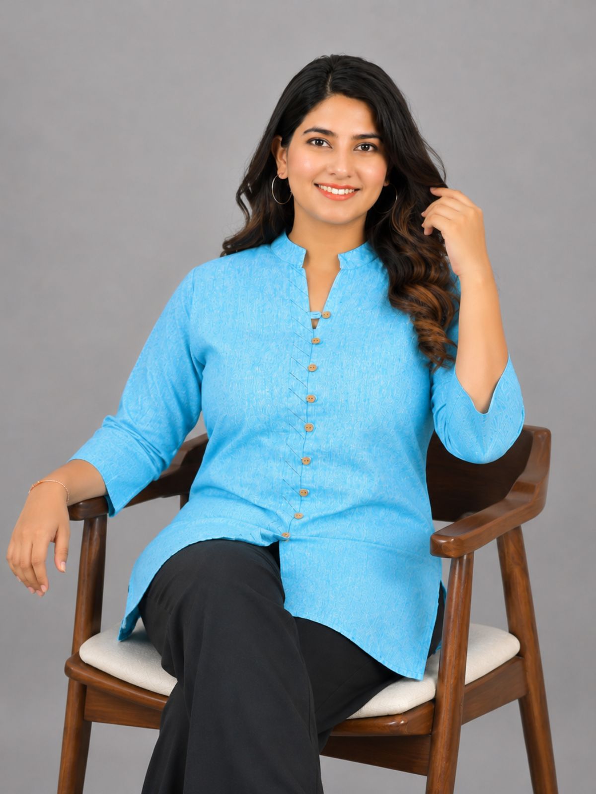 SkyBlue Handloom Cotton Front-Slit Short Kurti