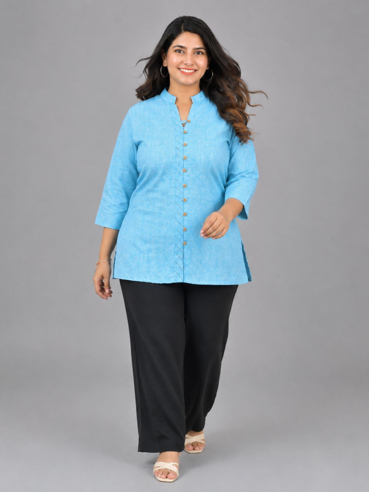 SkyBlue Handloom Cotton Front-Slit Short Kurti
