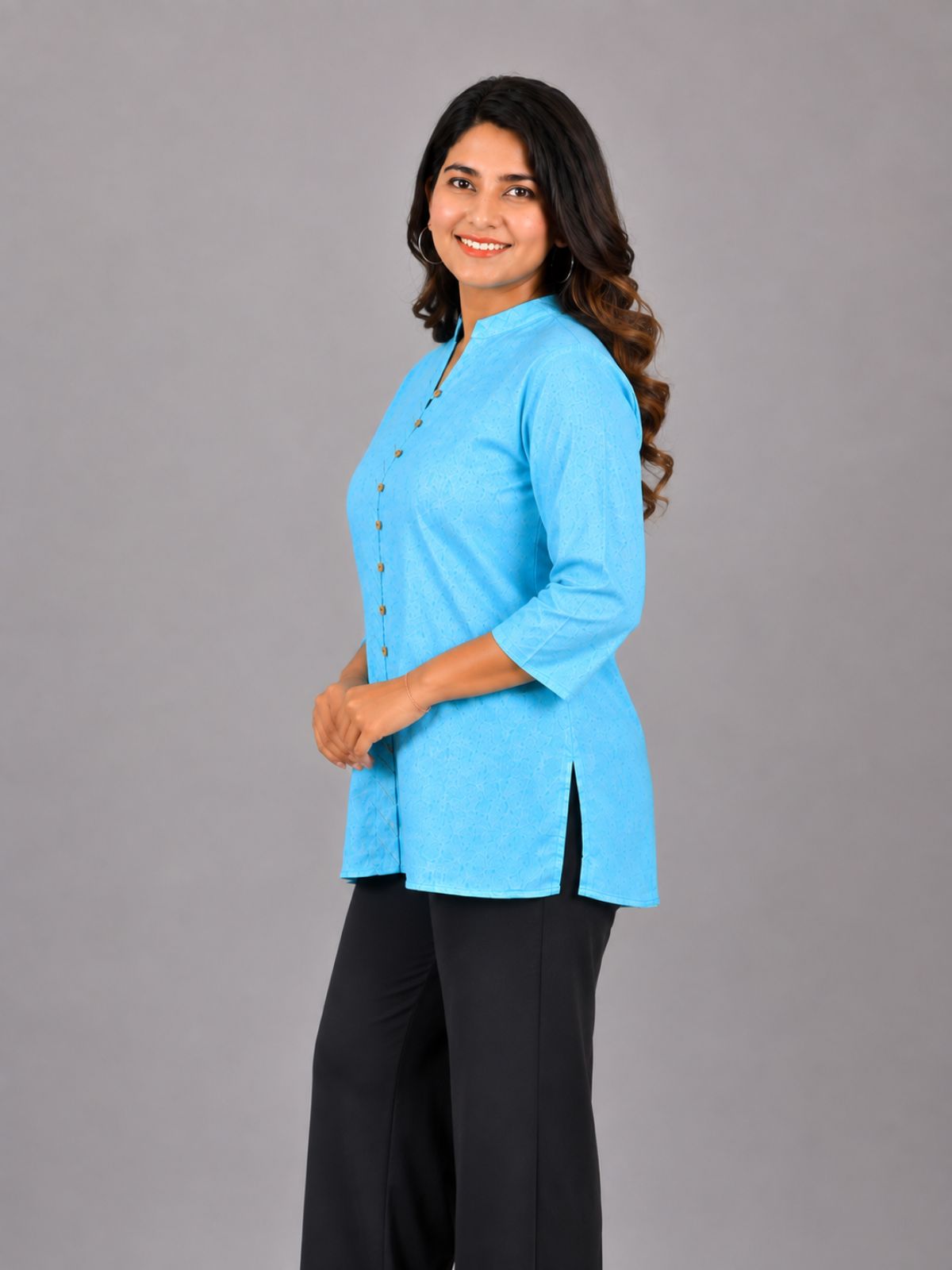 SkyBlue Handloom Cotton Front-Slit Short Kurti