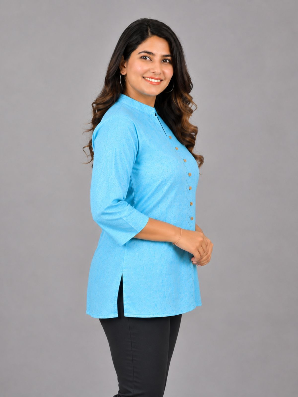 SkyBlue Handloom Cotton Front-Slit Short Kurti