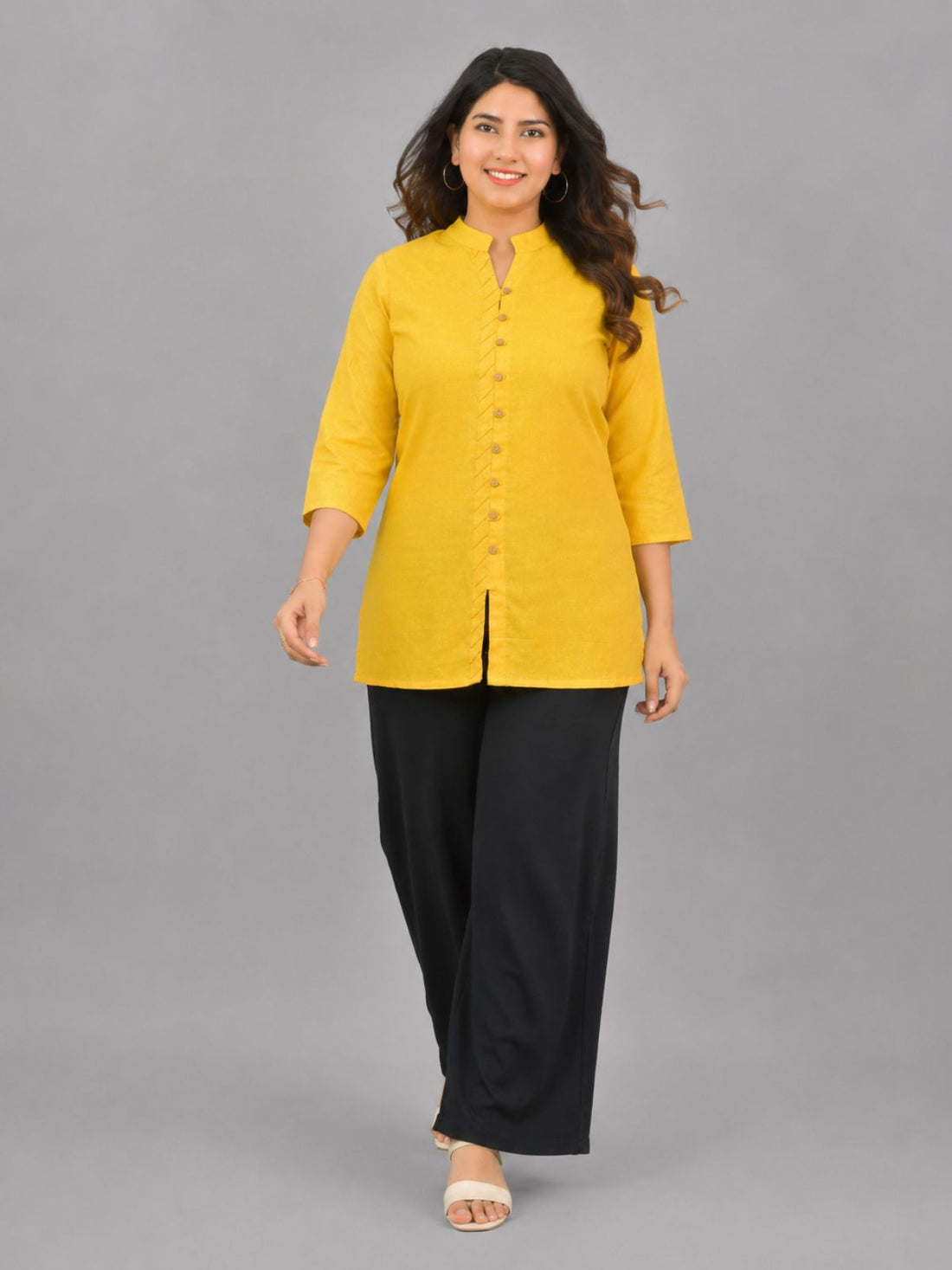 Yellow Handloom Cotton Front-Slit Short Kurti
