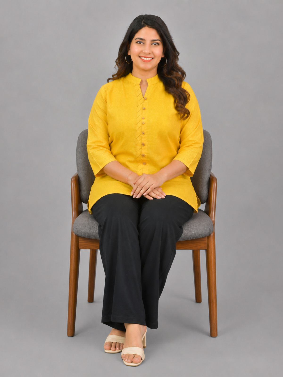 Yellow Handloom Cotton Front-Slit Short Kurti