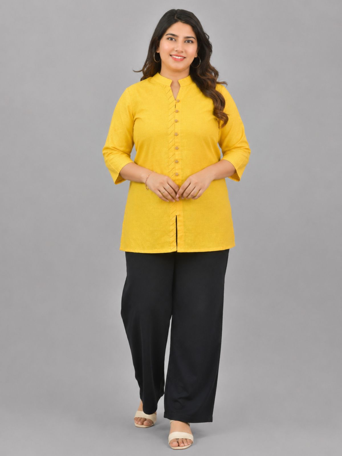 Yellow Handloom Cotton Front-Slit Short Kurti