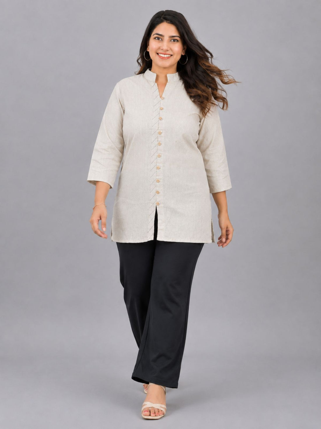 Cream Handloom Cotton Front-Slit Short Kurti