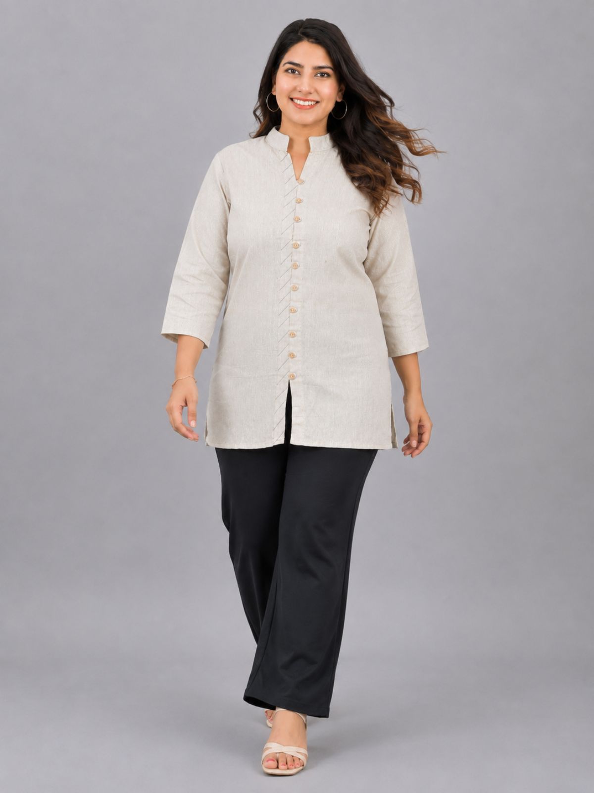 Cream Handloom Cotton Front-Slit Short Kurti