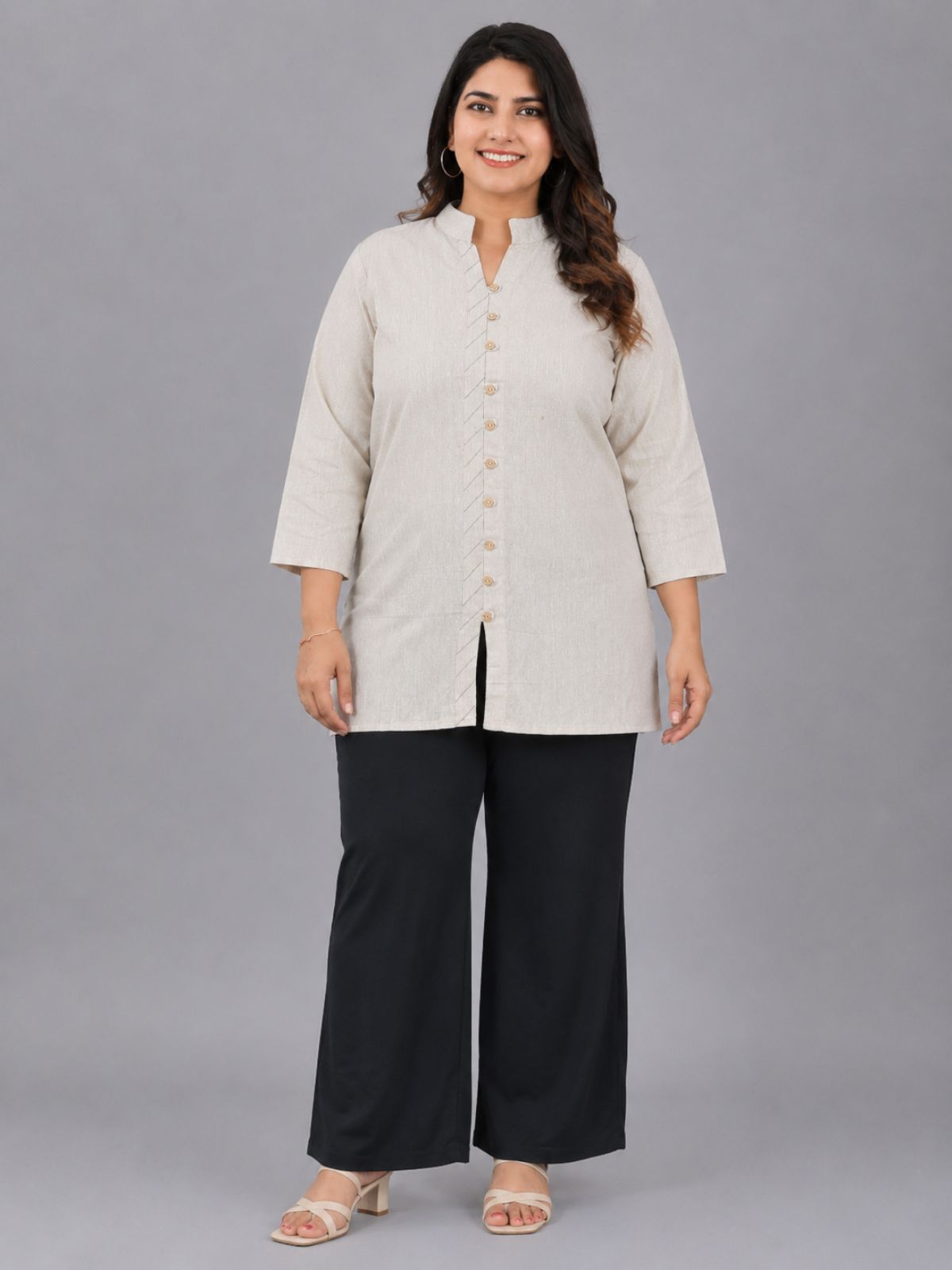 Cream Handloom Cotton Front-Slit Short Kurti