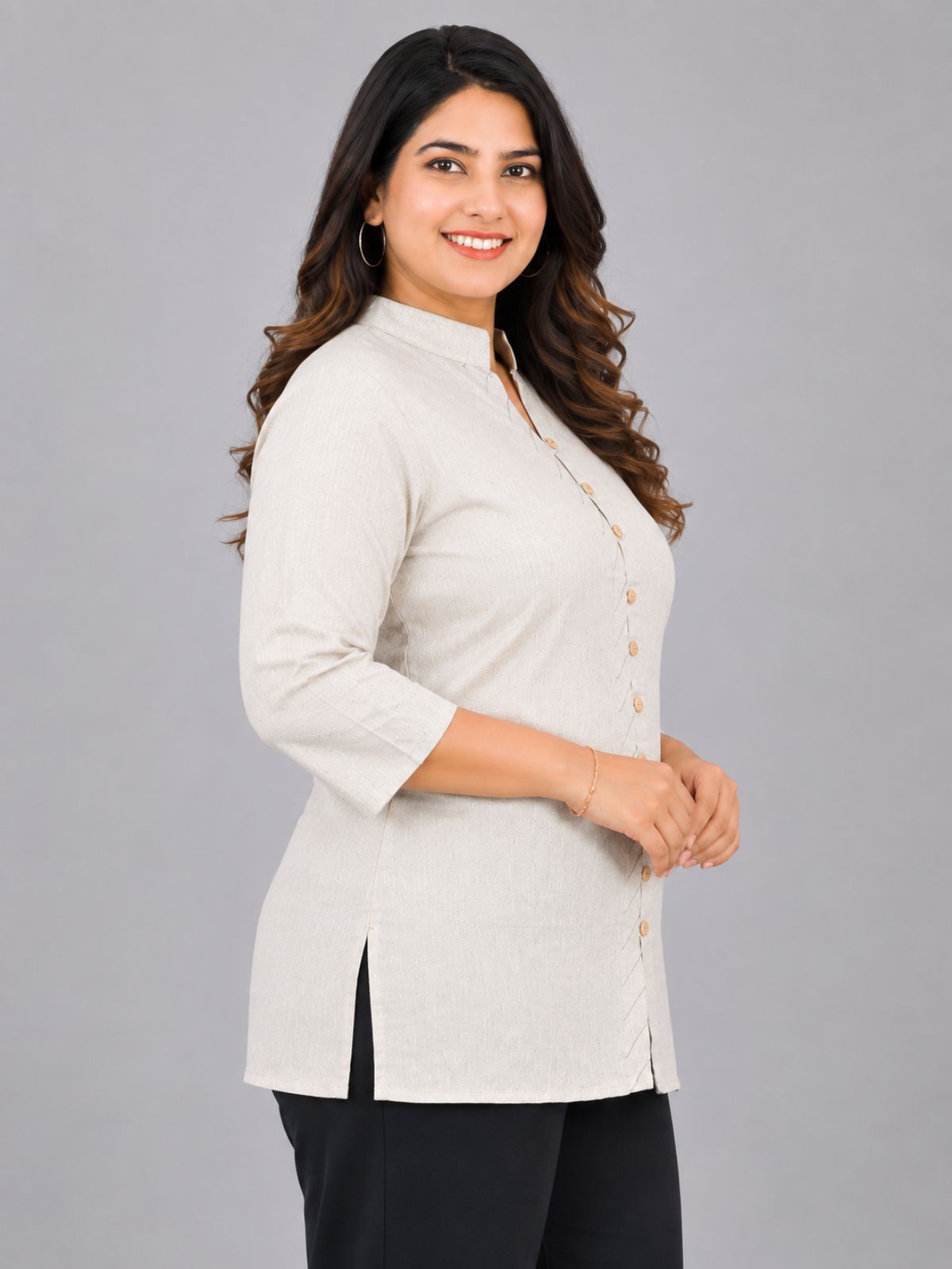 Cream Handloom Cotton Front-Slit Short Kurti